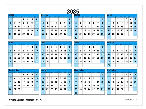 Calendario n.° 391 para imprimir para 2025