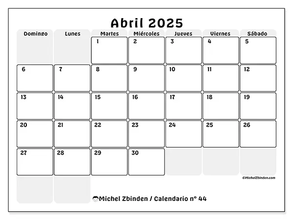 Calendario n.° 44 para abril de 2025 para imprimir gratis. Semana: De domingo a sábado.