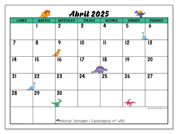 Calendario n.° 455 para abril de 2025 para imprimir gratis. Semana: De lunes a domingo.