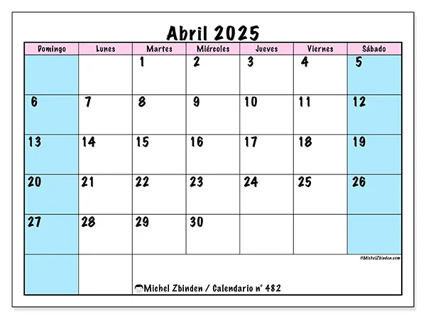 Calendario n.° 482 para abril de 2025 para imprimir gratis. Semana: De domingo a sábado.