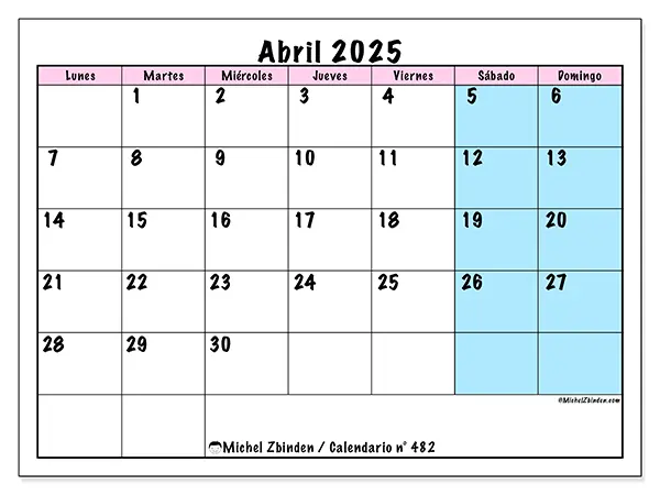 Calendario para imprimir n° 482, abril de 2025