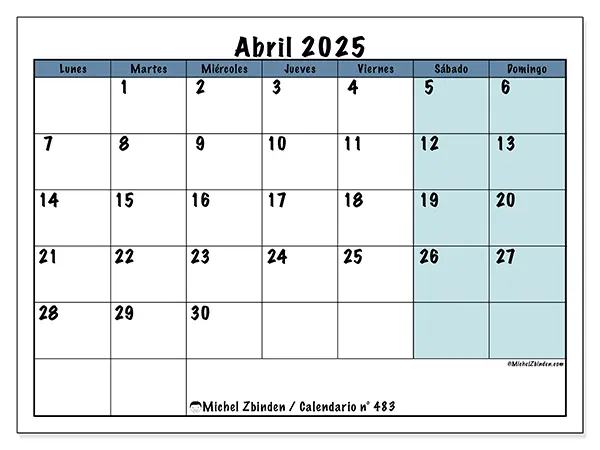 Calendario n.° 483 para abril de 2025 para imprimir gratis. Semana: De lunes a domingo.