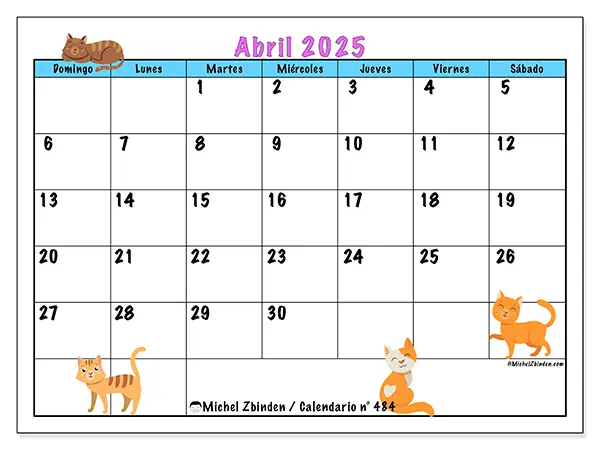 Calendario n.° 484 para abril de 2025 para imprimir gratis. Semana: De domingo a sábado.