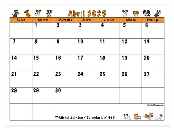 Calendario para imprimir n° 485, abril de 2025