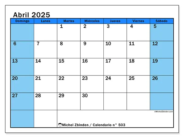 Calendario n.° 501 para abril de 2025 para imprimir gratis. Semana: De domingo a sábado.