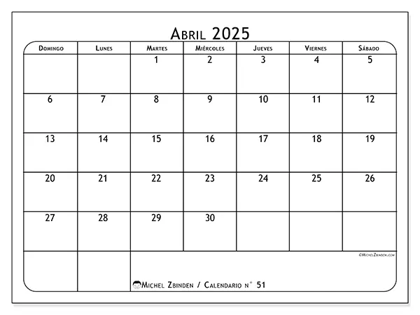 Calendario n.° 51 para abril de 2025 para imprimir gratis. Semana: De domingo a sábado.