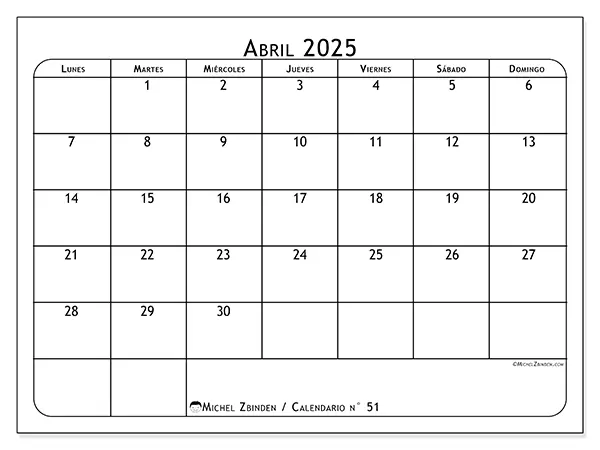Calendario n.° 51 para abril de 2025 para imprimir gratis. Semana: De lunes a domingo.