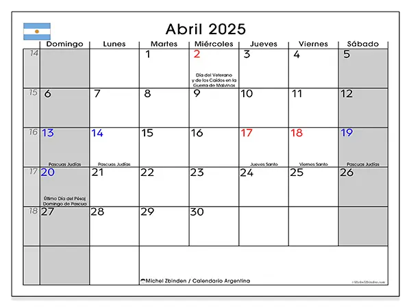 Calendario Argentina para imprimir gratis de abril de 2025. Semana: De domingo a sábado.