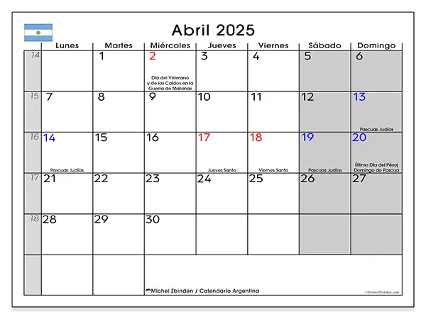 Calendario Argentina para imprimir gratis de abril de 2025. Semana: De lunes a domingo.