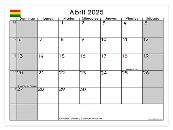 Calendario Bolivia para imprimir gratis de abril de 2025. Semana: De domingo a sábado.