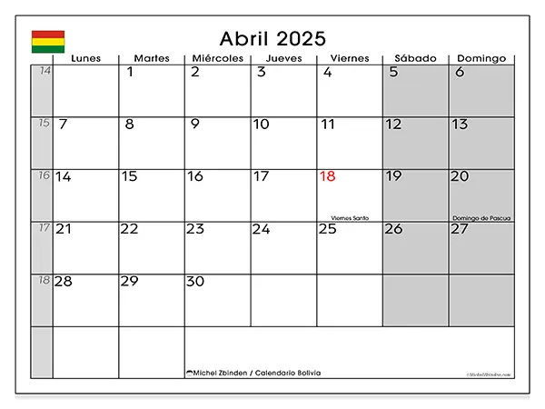 Calendario Bolivia para imprimir gratis de abril de 2025. Semana: De lunes a domingo.