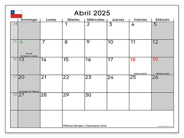 Calendario Chile para imprimir gratis de abril de 2025. Semana: De domingo a sábado.