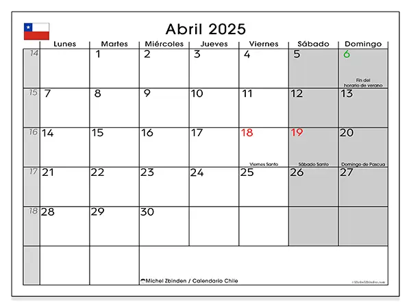 Calendario Chile para imprimir gratis de abril de 2025. Semana: De lunes a domingo.