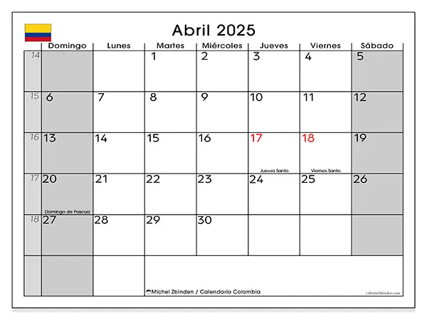 Calendario Colombia para imprimir gratis de abril de 2025. Semana: De domingo a sábado.