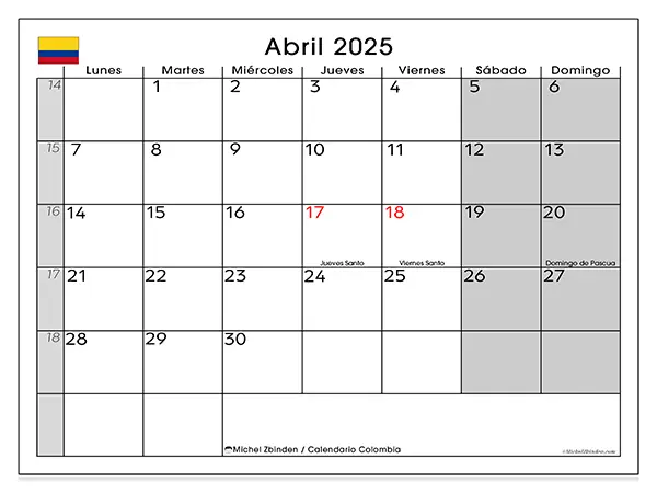 Calendario Colombia para imprimir gratis de abril de 2025. Semana: De lunes a domingo.
