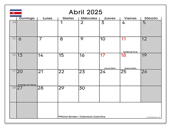 Calendario Costa Rica para imprimir gratis de abril de 2025. Semana: De domingo a sábado.