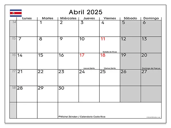 Calendario Costa Rica para imprimir gratis de abril de 2025. Semana: De lunes a domingo.