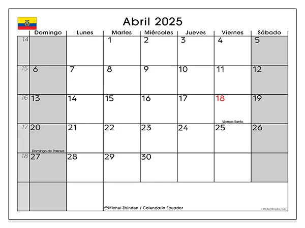 Calendario Ecuador para imprimir gratis de abril de 2025. Semana: De domingo a sábado.