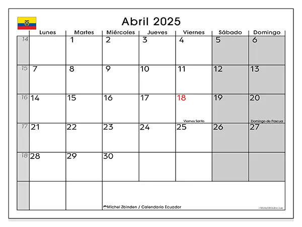 Calendario Ecuador para imprimir gratis de abril de 2025. Semana: De lunes a domingo.