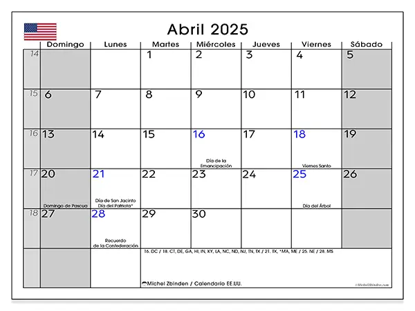 Calendario Estados Unidos para imprimir gratis de abril de 2025. Semana: De domingo a sábado.