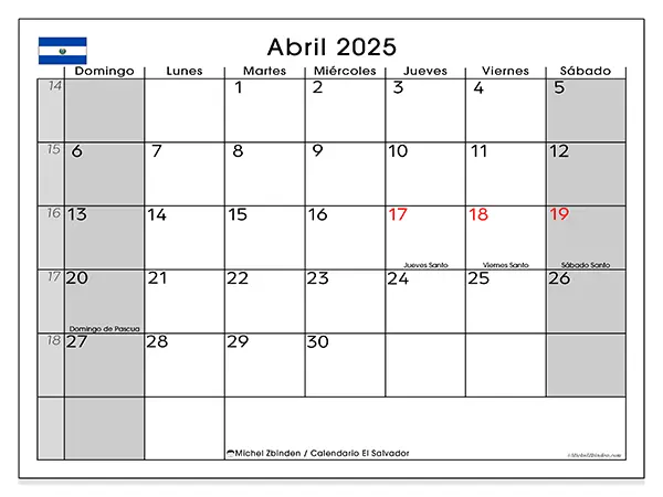 Calendario El Salvador para imprimir gratis de abril de 2025. Semana: De domingo a sábado.