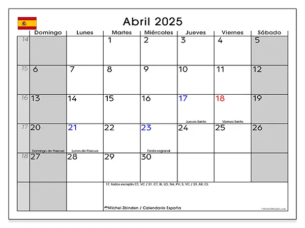 Calendario España para imprimir gratis de abril de 2025. Semana: De domingo a sábado.