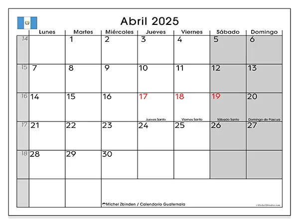 Calendario Guatemala para imprimir gratis de abril de 2025. Semana: De lunes a domingo.