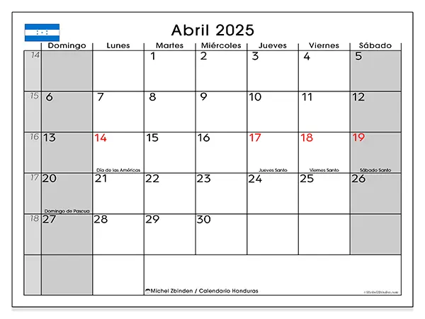 Calendario Honduras para imprimir gratis de abril de 2025. Semana: De domingo a sábado.