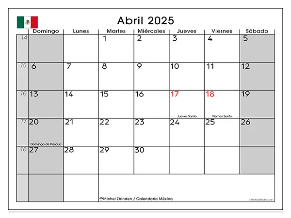 Calendario México para imprimir gratis de abril de 2025. Semana: De domingo a sábado.