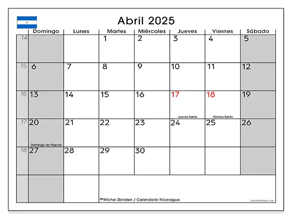 Calendario Nicaragua para imprimir gratis de abril de 2025. Semana: De domingo a sábado.