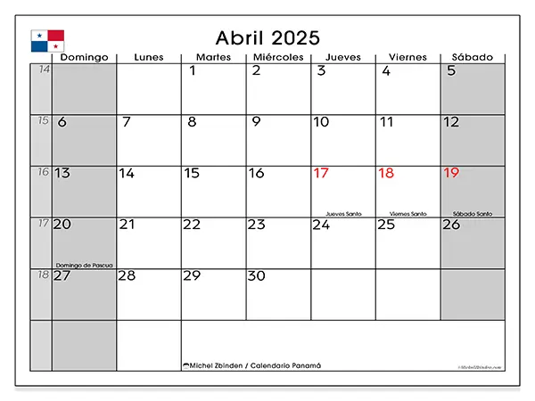 Calendario Panamá para imprimir gratis de abril de 2025. Semana: De domingo a sábado.
