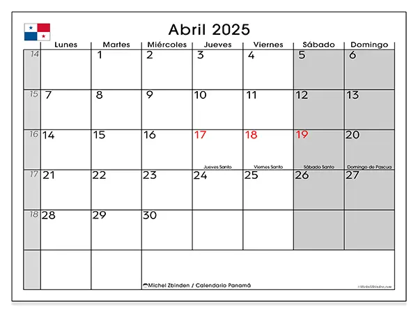 Calendario Panamá para imprimir gratis de abril de 2025. Semana: De lunes a domingo.