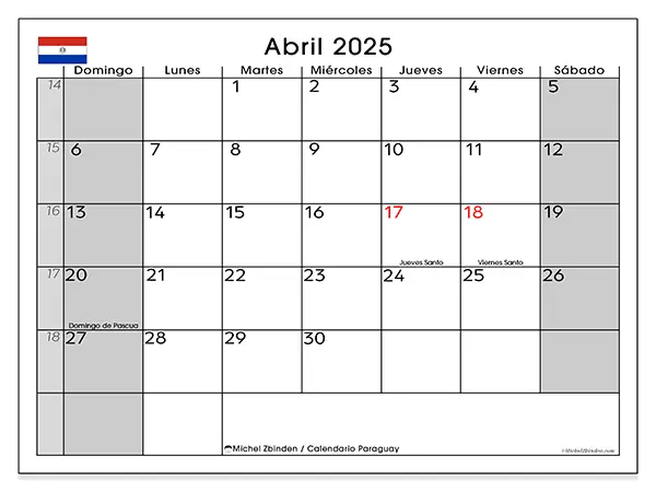 Calendario Paraguay para imprimir gratis de abril de 2025. Semana: De domingo a sábado.