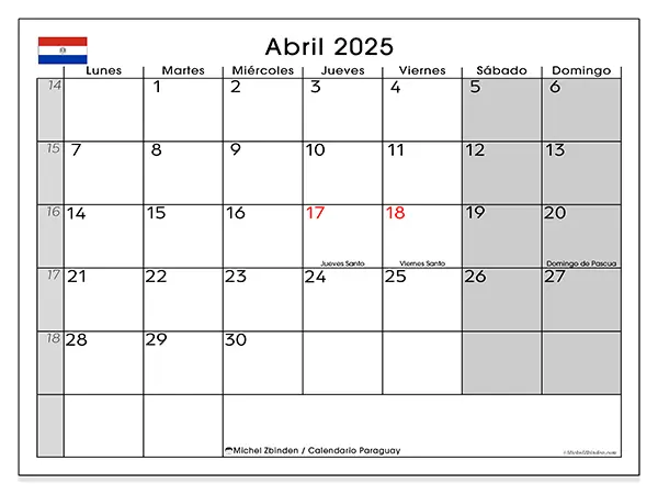 Calendario Paraguay para imprimir gratis de abril de 2025. Semana: De lunes a domingo.