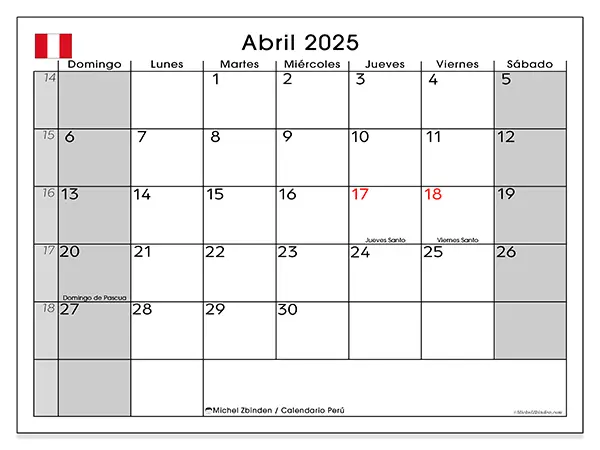 Calendario Perú para imprimir gratis de abril de 2025. Semana: De domingo a sábado.