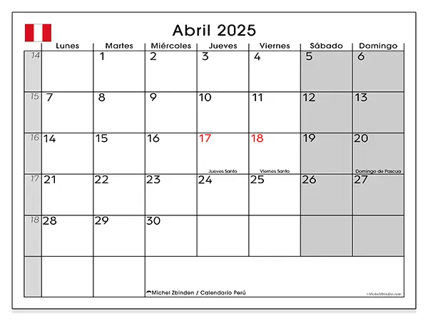 Calendario Perú para imprimir gratis de abril de 2025. Semana: De lunes a domingo.