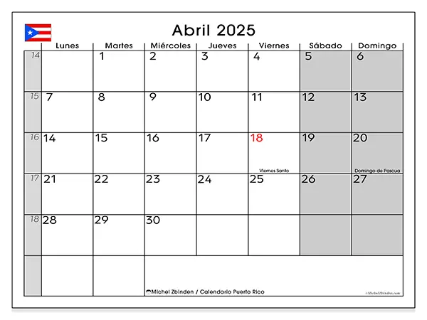 Calendario para imprimir Puerto Rico, abril de 2025