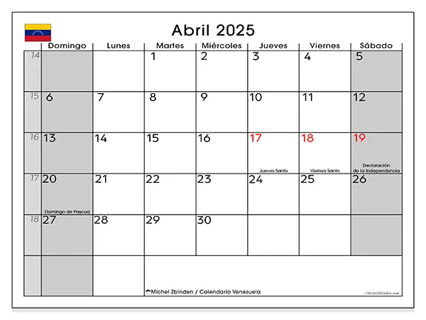 Calendario Venezuela para imprimir gratis de abril de 2025. Semana: De domingo a sábado.