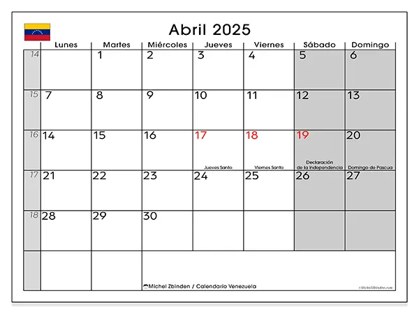 Calendario Venezuela para imprimir gratis de abril de 2025. Semana: De lunes a domingo.