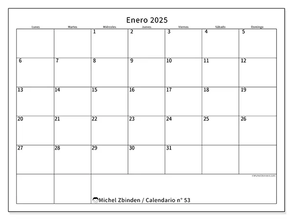 Calendario para imprimir n° 53, enero de 2025