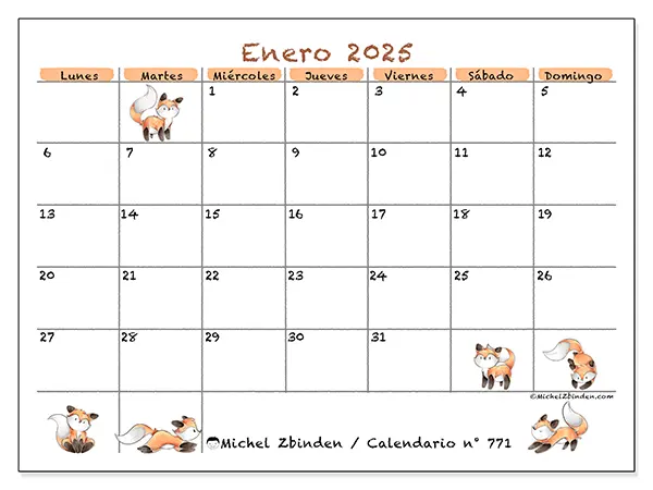 Calendario para imprimir n° 771, enero de 2025