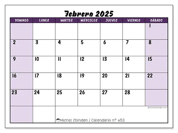Calendario para imprimir n° 453, febrero de 2025