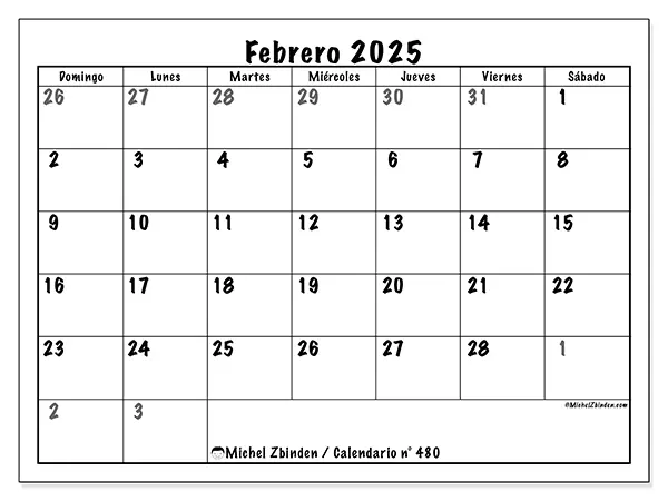 Calendario para imprimir n° 480, febrero de 2025