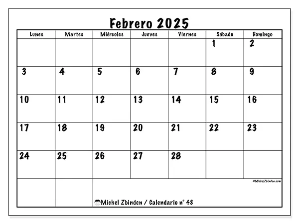 Calendario para imprimir n° 48, febrero de 2025