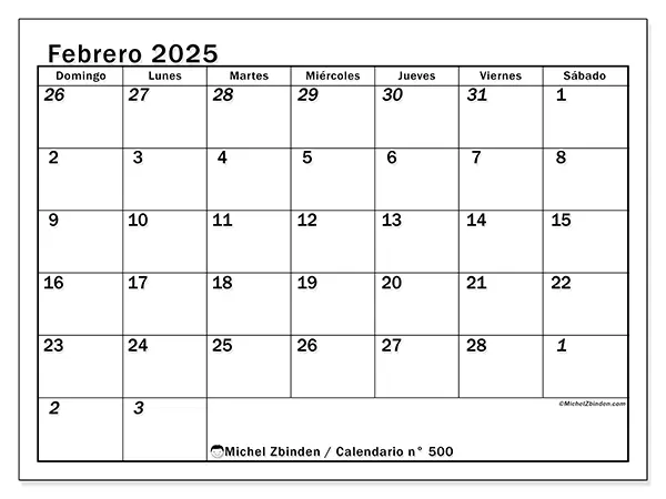 Calendario para imprimir n° 500, febrero de 2025