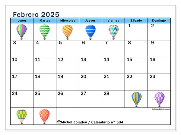 Calendario para imprimir n° 504, febrero de 2025