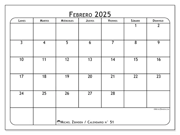 Calendario para imprimir n° 51, febrero de 2025