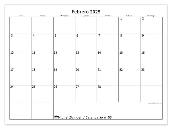 Calendario para imprimir n° 53, febrero de 2025