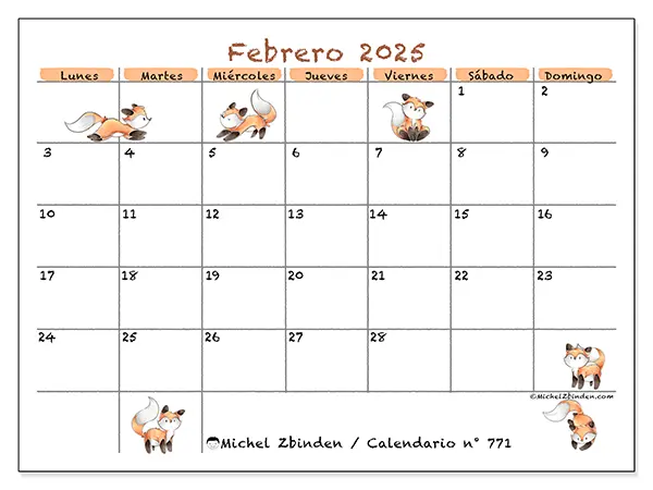 Calendario n.° 771 para imprimir gratis, febrero 2025. Semana:  De lunes a domingo