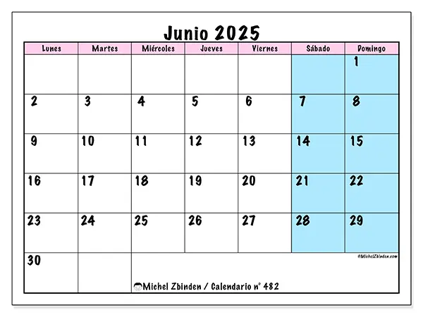 Calendario n.° 482 para imprimir gratis, junio 2025. Semana:  De lunes a domingo